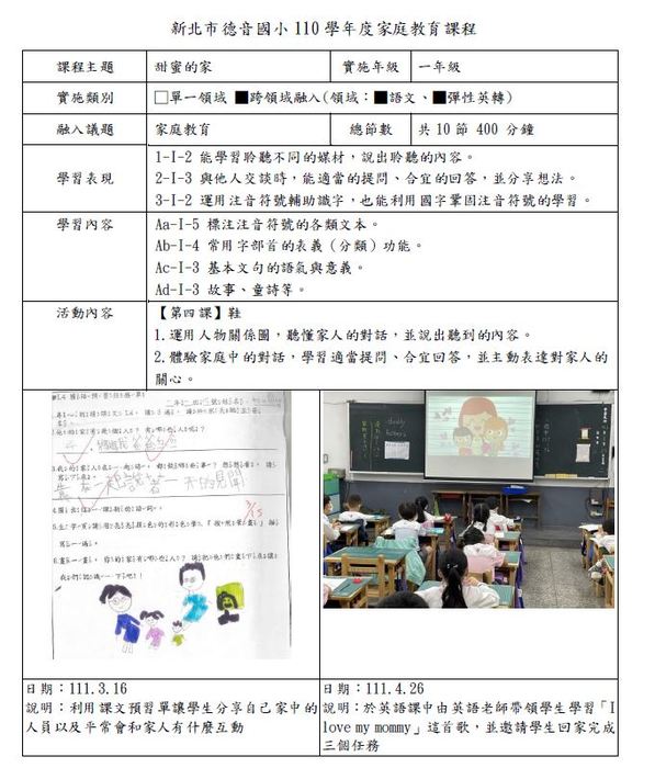 二、(一)每學年將家庭教育納入學校課程計畫4小時以上圖片
